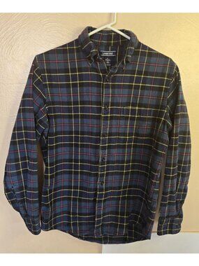 Lands' End Navy Plaid 100% Cotton Flannel Button Down Size Small Traditional Fit